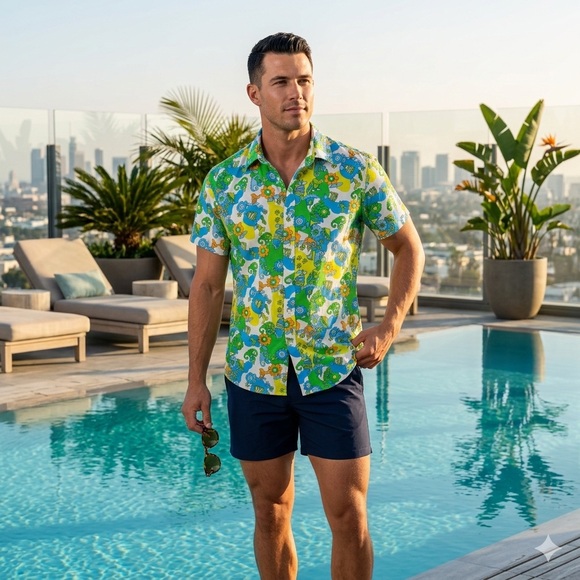 ST33LE Mens Short Sleeve Shirt Medium 100% Cotton Retro Mod Psychedelic Floral - Picture 2 of 12